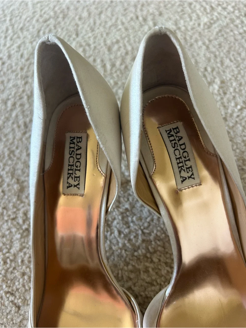 Badgley Mischka Ivory Satin Peep-Toe Heels with Crystal Brooch